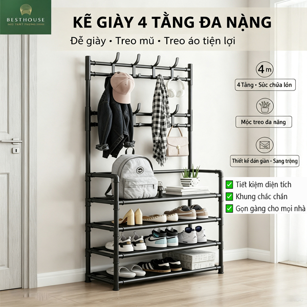 Kệ Giày Đa Năng 4–5 Tầng Khung Kim Loại Chắc Chắn Có Móc Treo – Tiết Kiệm Không Gian