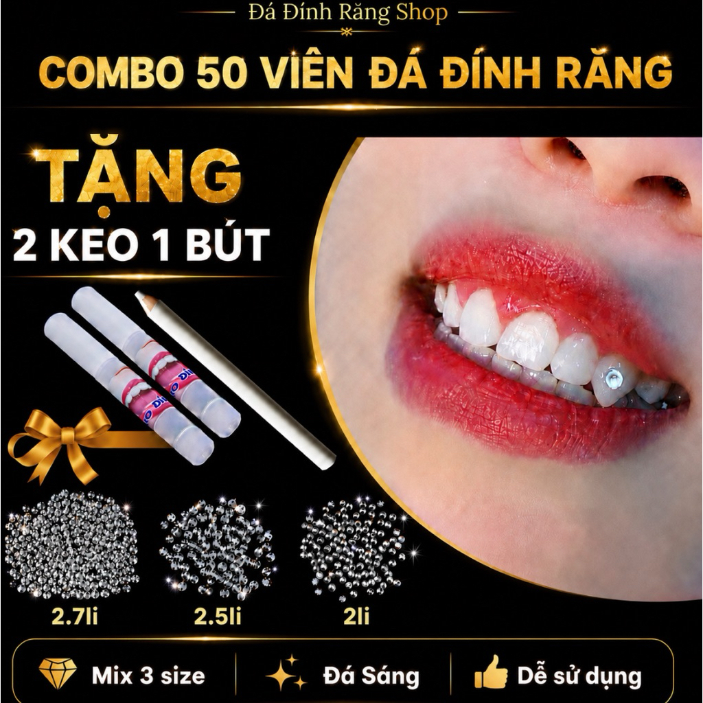 [Mix 3 size ]Set 50viên Đá Đính Răng tặng kèm 2 keo đính 1 bút đính.