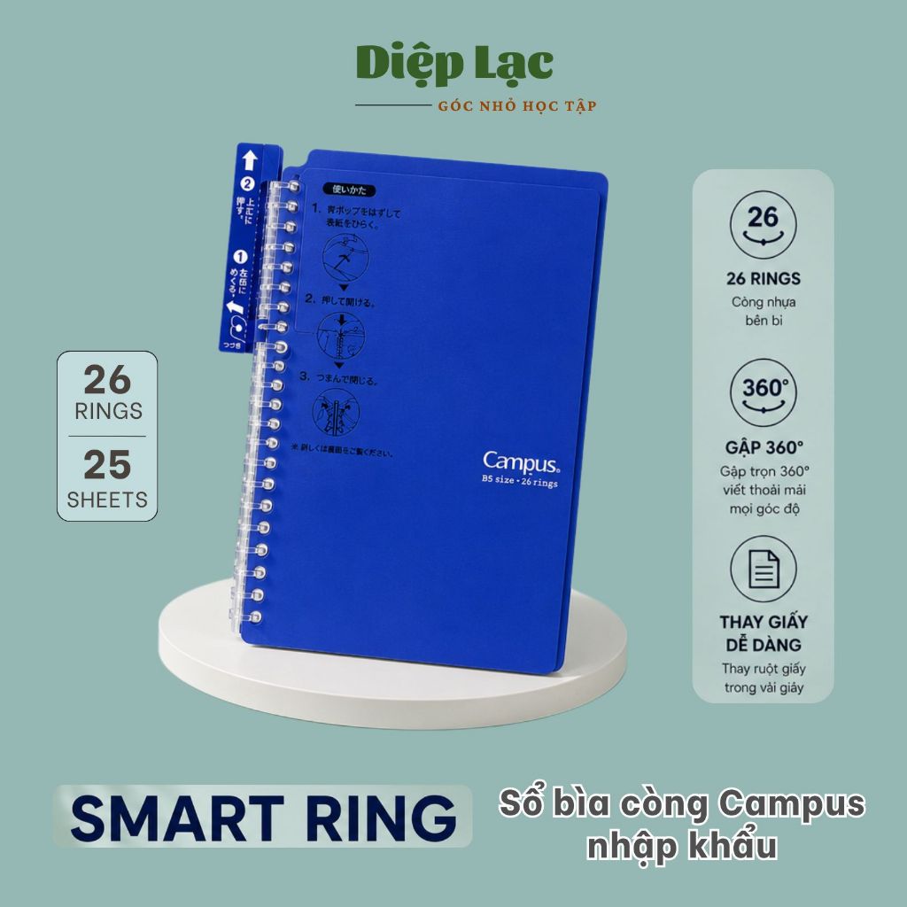 Sổ Còng Smart Ring Campus B5 26 còng giấy Nhật cao cấp mở gập 360 độ - Thay ruột dễ dàng