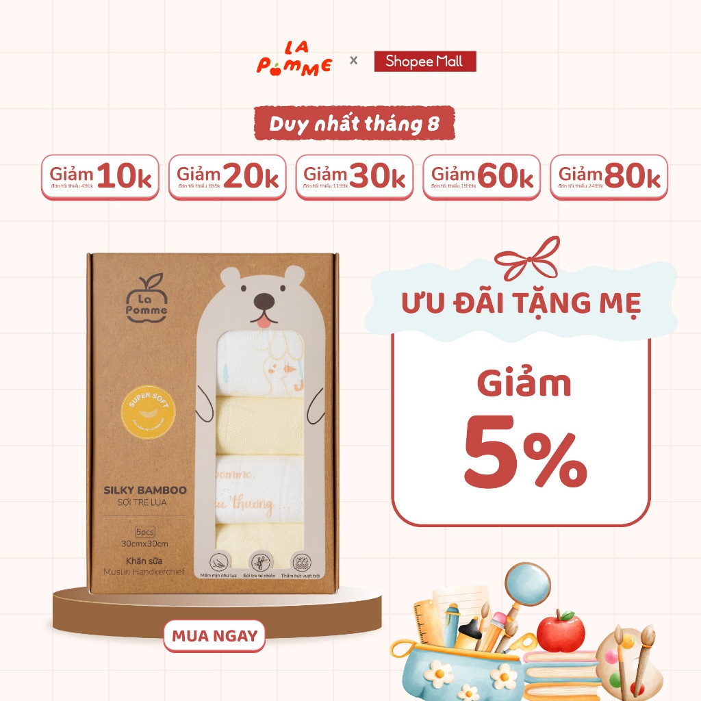 Hình ảnh thực tế Set 5 Khăn sữa sợi tre lụa La Pomme phối màu chính hãng trên Shopee