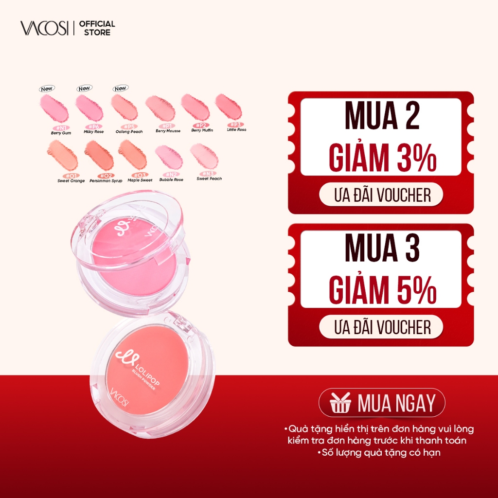 Phấn má hồng Lolipop VACOSI VP14 Phiên bản mới LOLIPOP ALL DAY BLUSH siêu mịn trang điểm tự nhiên