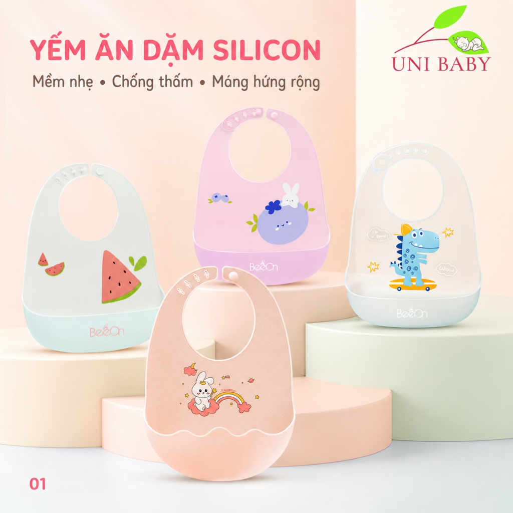 Yếm ăn dặm silicon BeeOn có máng hứng chống thấm cho bé 0-3 tuổi mềm gấp gọn dễ vệ sinh
