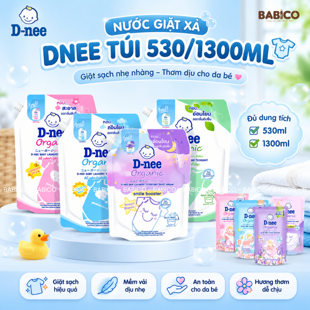 Nước giặt xả quần áo trẻ em DNEE dạng túi 530ml và 1300ml