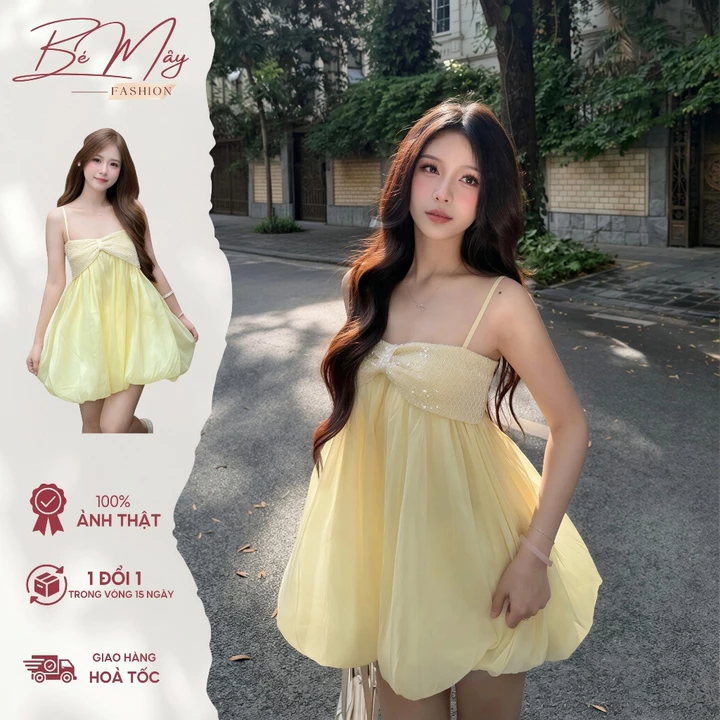 Váy babydoll 2 dây phối nơ ngực, đầm babydoll dáng bí tơ mềm mại bồng bềnh BÉ MÂY FASHION