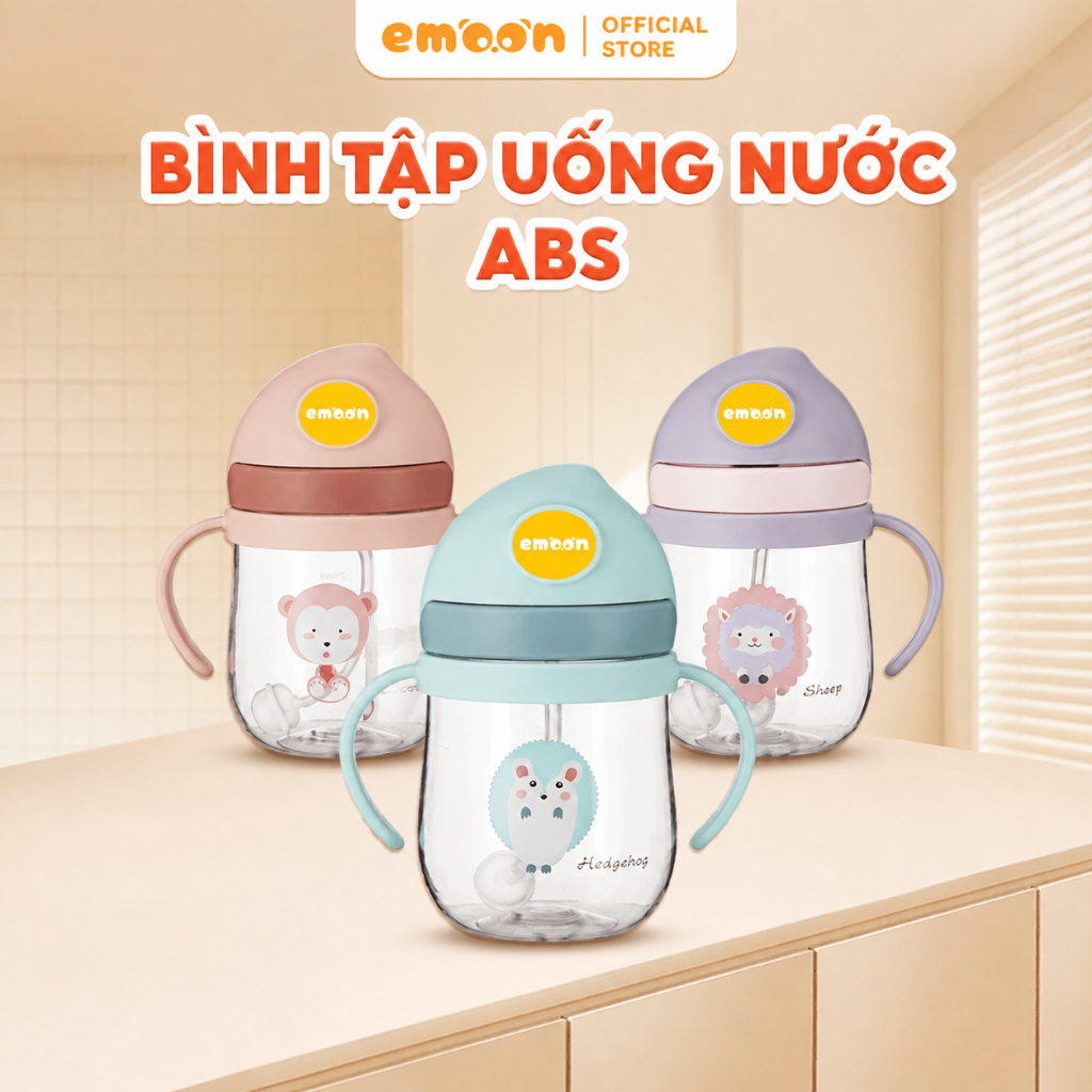 Bình tập uống nước cho bé Emoon 250ml, ống hút silicon mềm có van chống sặc, chất liệu an toàn cho bé, có ống thay thế
