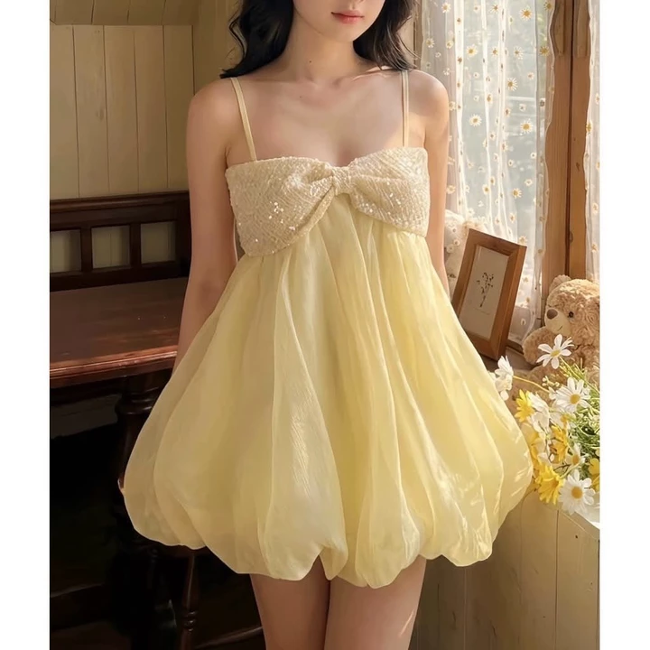 Váy babydoll 2 dây phối nơ ngực, đầm babydoll dáng bí tơ mềm mại bồng bềnh BÉ MÂY FASHION