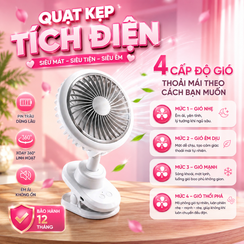 Quạt kẹp tích điện size 5INCH Wezen FS Pin Siêu Trâu 18Giờ, Siêu bền Màn hình LED, Lồng Quạt 5INCH