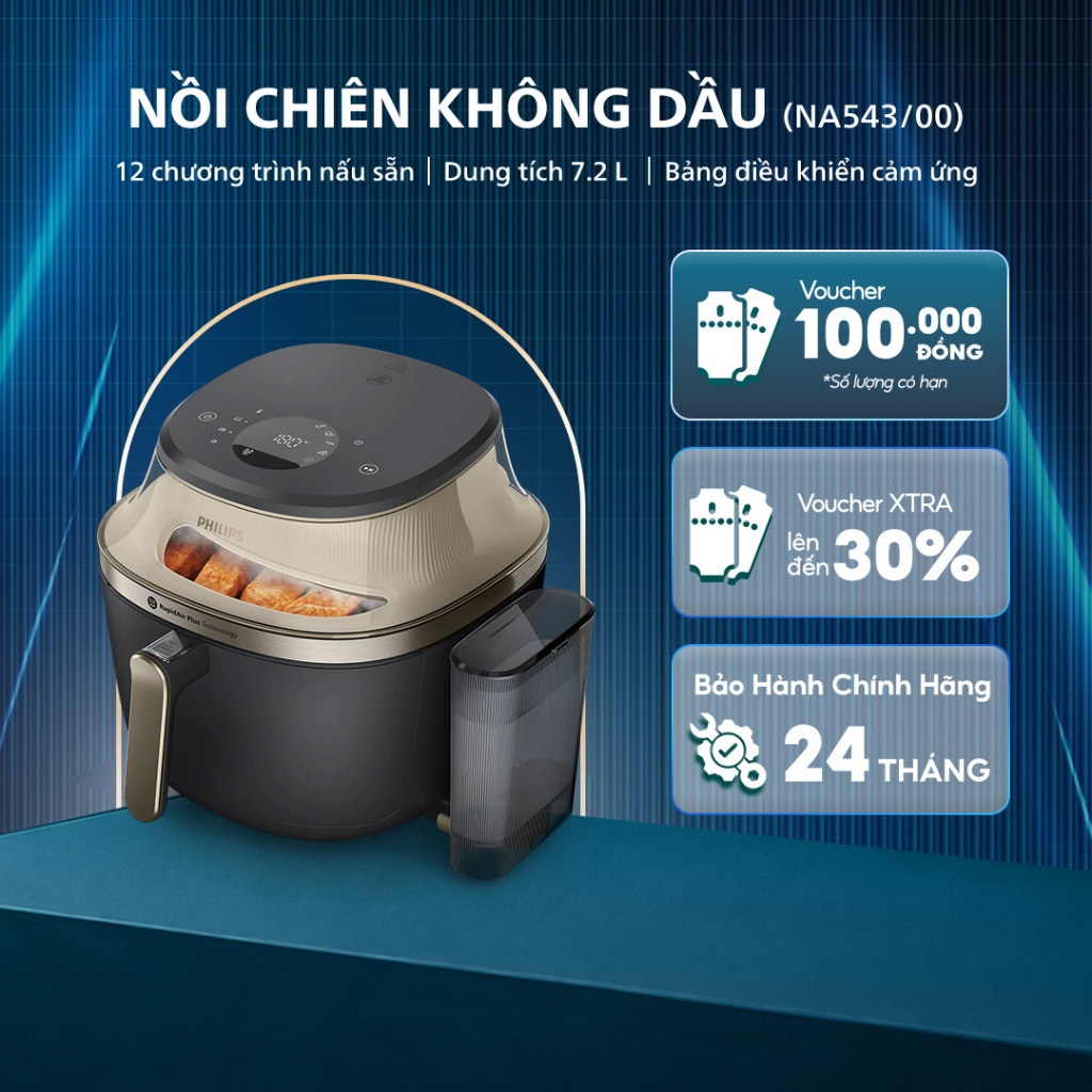 Nồi chiên không dầu Philips NA543/00 7.2L - Có chức năng hấp - Công suất 2000W - Bảo hành 24 tháng