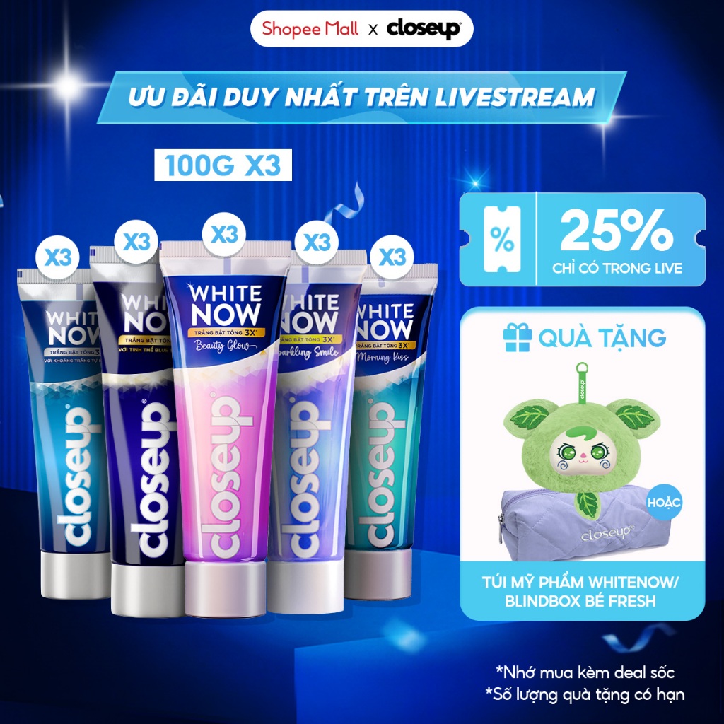 [LIVE] Combo 3 kem đánh răng CLOSEUP White Now - Trắng Bật Tông 3X tức thì từ Công nghệ Ánh Sáng Xanh 100g