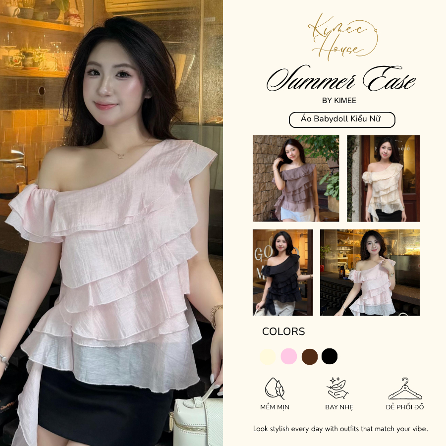 Áo Babydoll Kiểu Nữ Trễ Hở Vai Mặc 2 Kiểu Bèo Nhún Xếp Tầng Đi Biển Muà Hè Kimee – KA877