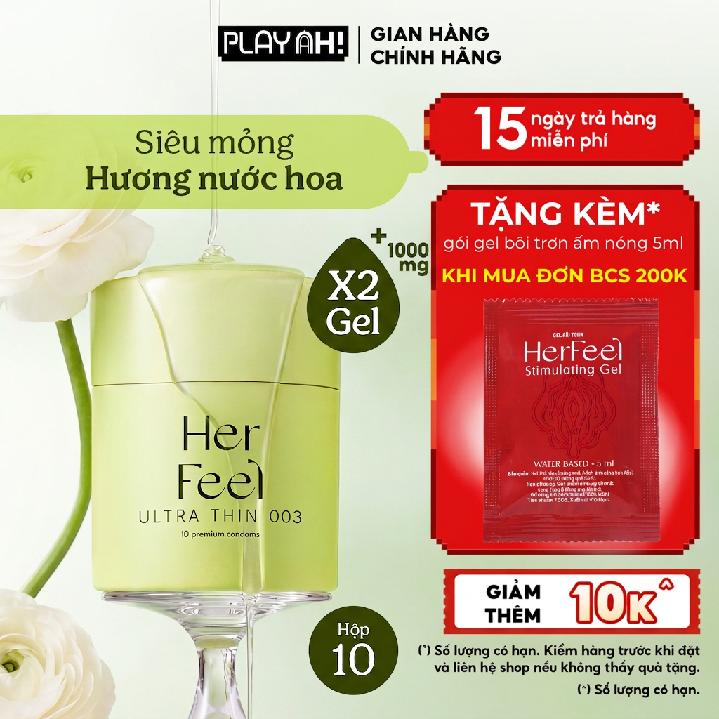Bao cao su PlayAh Her Feel Ultra Thin 003 Hộp 3/10 Size 52mm Siêu Mỏng Nhiều Gel Cao Cấp