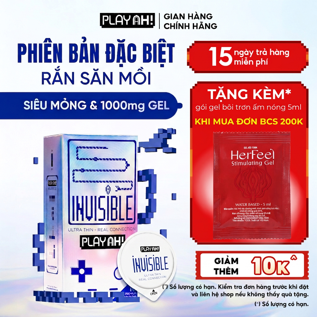 Bao Cao Su PlayAh Super Invisible Siêu Mỏng/ Nhiều Gel/ Kéo Dài Thời Gian/ Có Gai Hộp 10 size 52mm