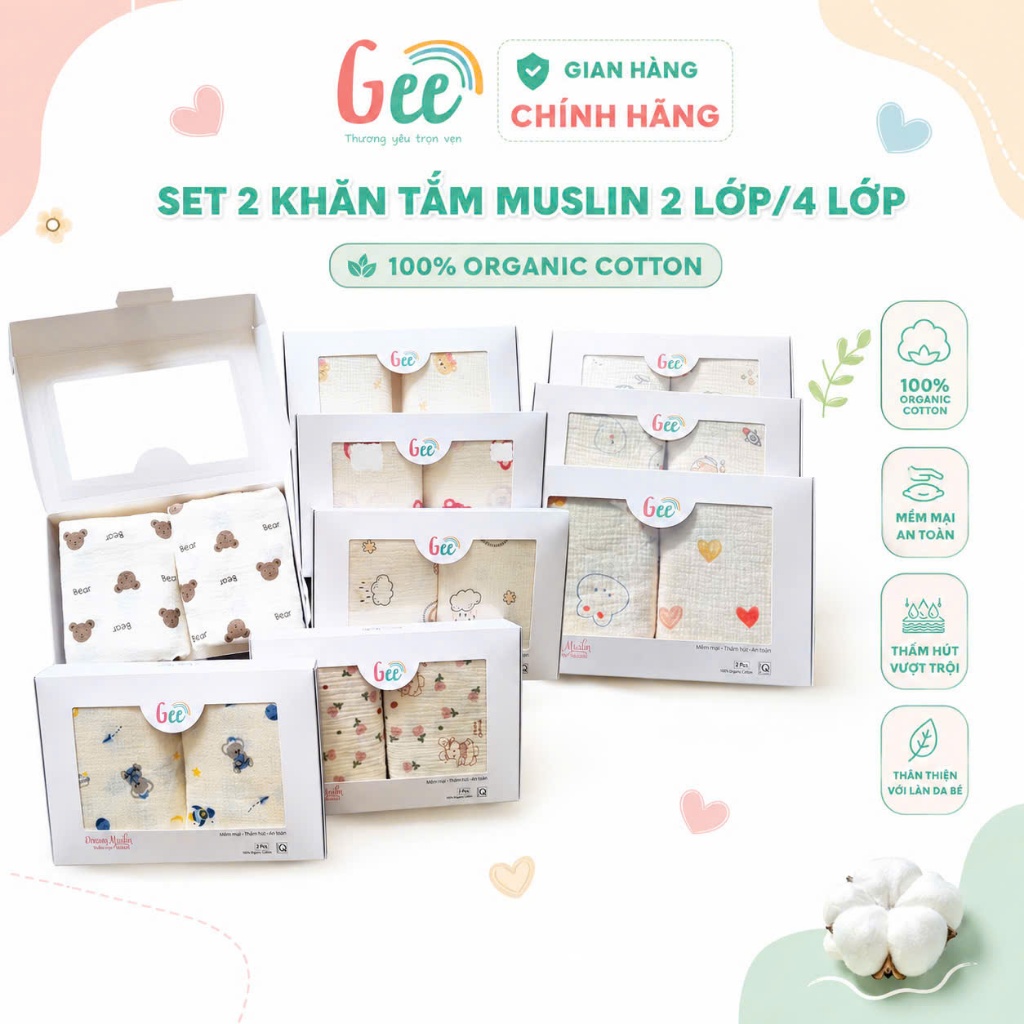 Set 2 KHĂN TẮM MUSLIN Gee 100x100cm, mềm mại, thấm hút, an toàn, organic cotton, thân thiện với da