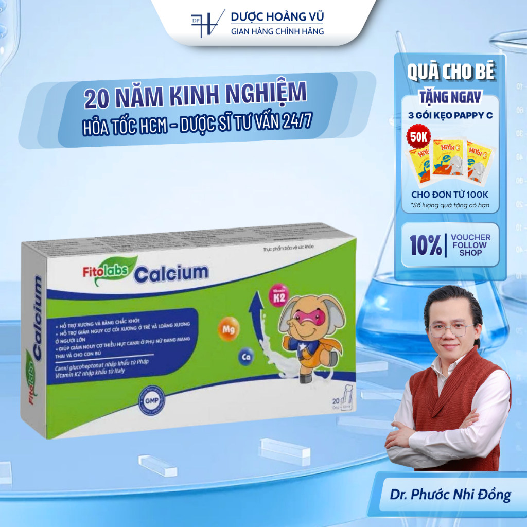 ✨[CANXI HỮU CƠ PHÁP] CALCIUM FITOLABS Cho Bé Dạng Ống Bổ Sung Canxi Lysine Magie Kẽm Hộp 20 Ống Cal