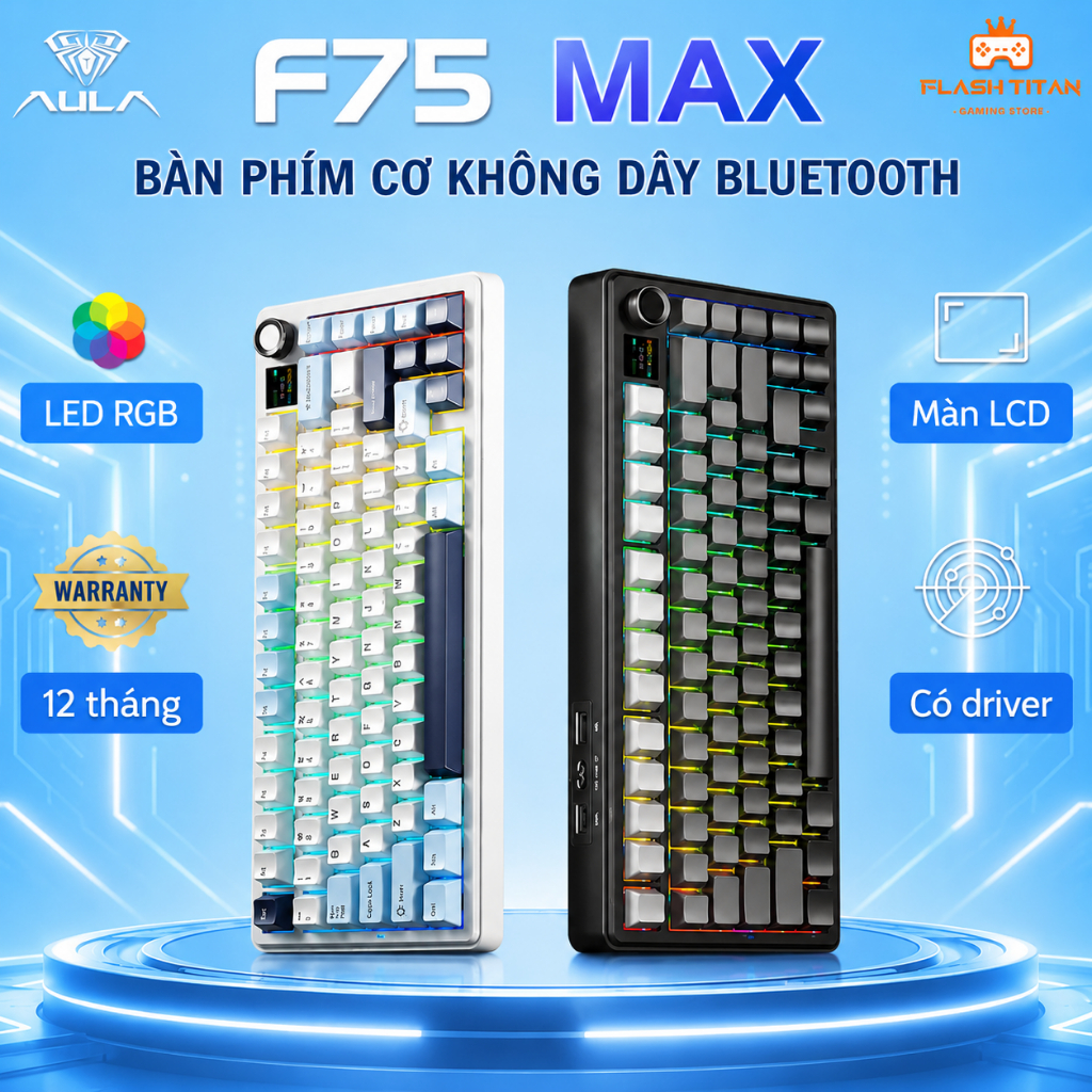 Bàn phím cơ không dây AULA F75 MAX kết nối bluetooth,Tích Hợp Màn LCD, Núm xoay, Dùng cho PC,laptop chơi game, văn phòng | BigBuy360 - bigbuy360.vn