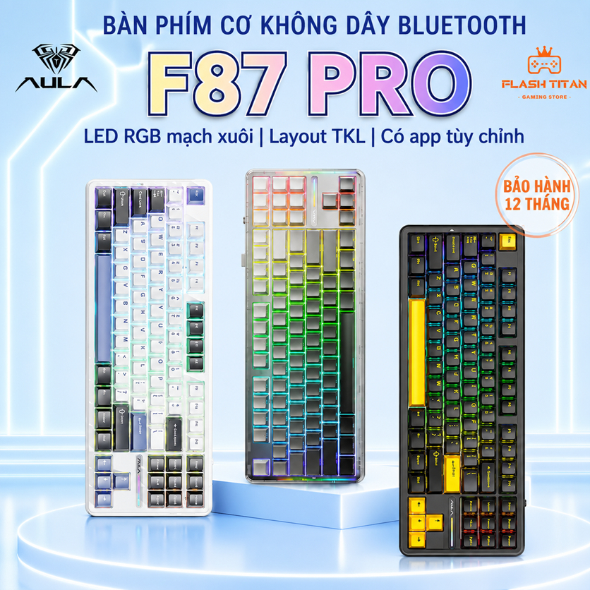 Bàn Phím Cơ Bluetooth AULA F87 Pro Kết Nối Không Dây, Layout 87 Phím Phổ Thông Dùng Cho PC, laptop Văn Phòng,Có Led RGB