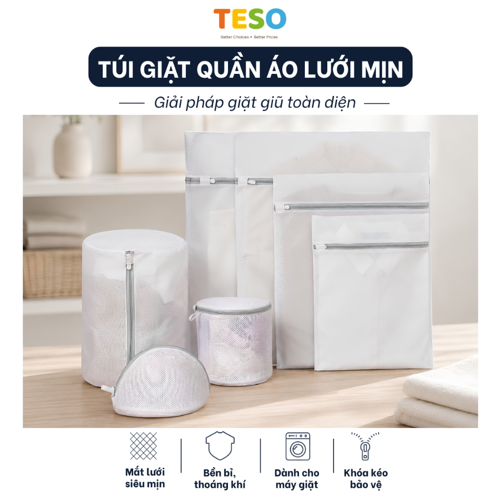 Bộ 2, Bộ 4 Túi Giặt Đồ Lưới Mịn TESO Nhiều Kích Thước - Túi Giặt Bảo Vệ Quần Áo, Đồ Lót, Đồ Trẻ Em