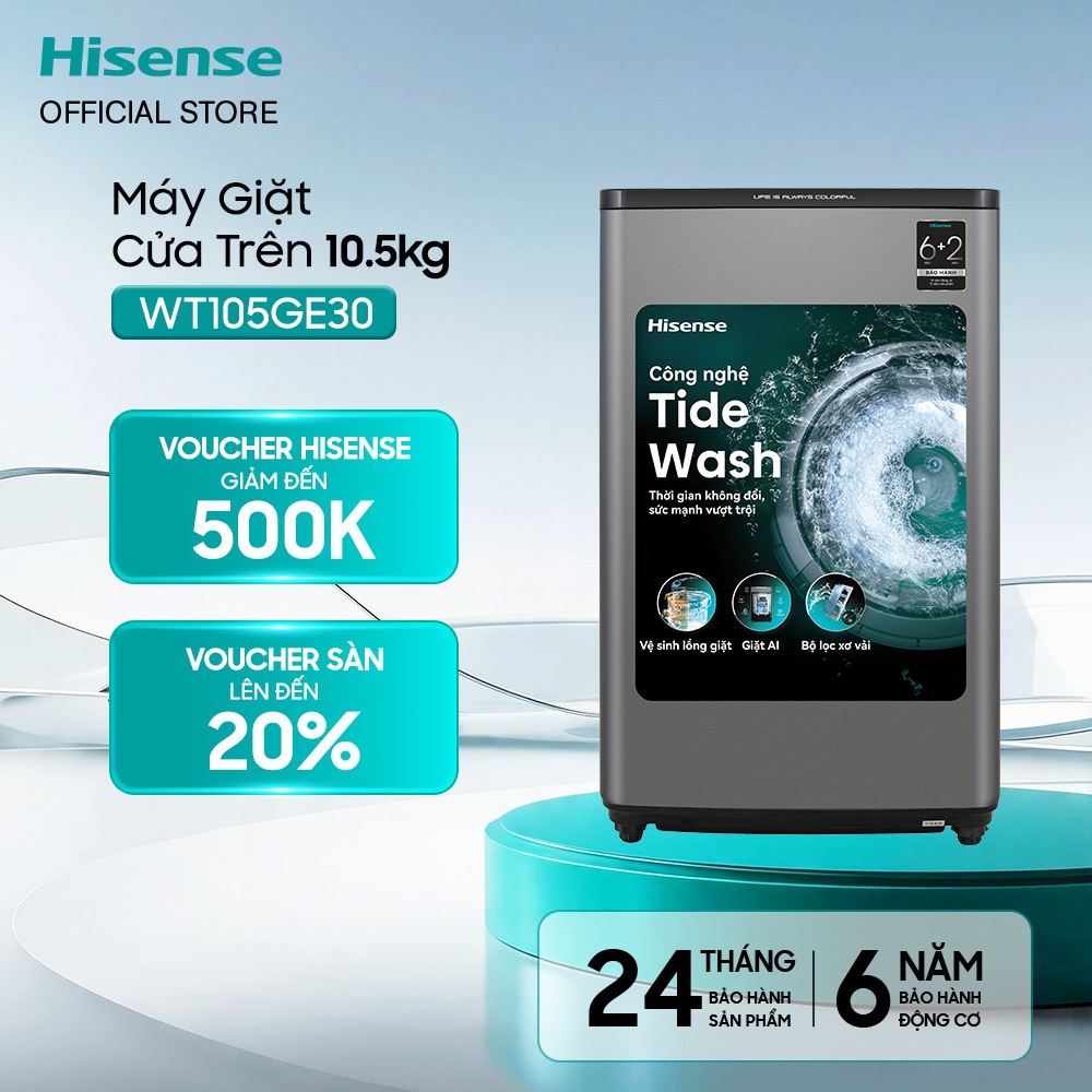 Máy Giặt Cửa Trên Hisense 10.5kg WT105GE30 - Giặt AI | Tiết Kiệm |Mềm Vải - BH 2 Năm - Giao Hàng Tận Nơi