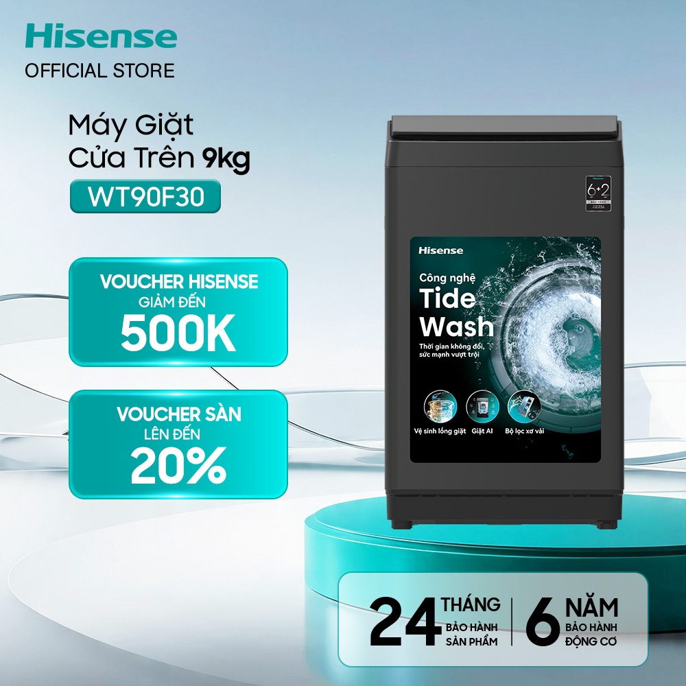 Máy Giặt Cửa Trên Hisense 9kg WT90F30 - Giặt AI | Tiết kiệm | Nắp giảm chấn - BH 2 năm - Miễn Phí Giao Hàng Tận Nơi