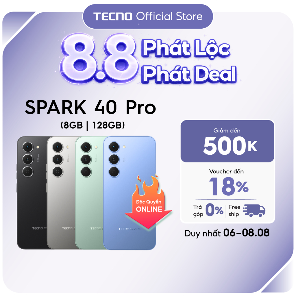 Điện thoại TECNO SPARK 40 PRO (8+8)GB/128GB - Màn hình AMOLED 1.5K & 144Hz | Mỏng 6.69mm | 5200mAh sạc 45W