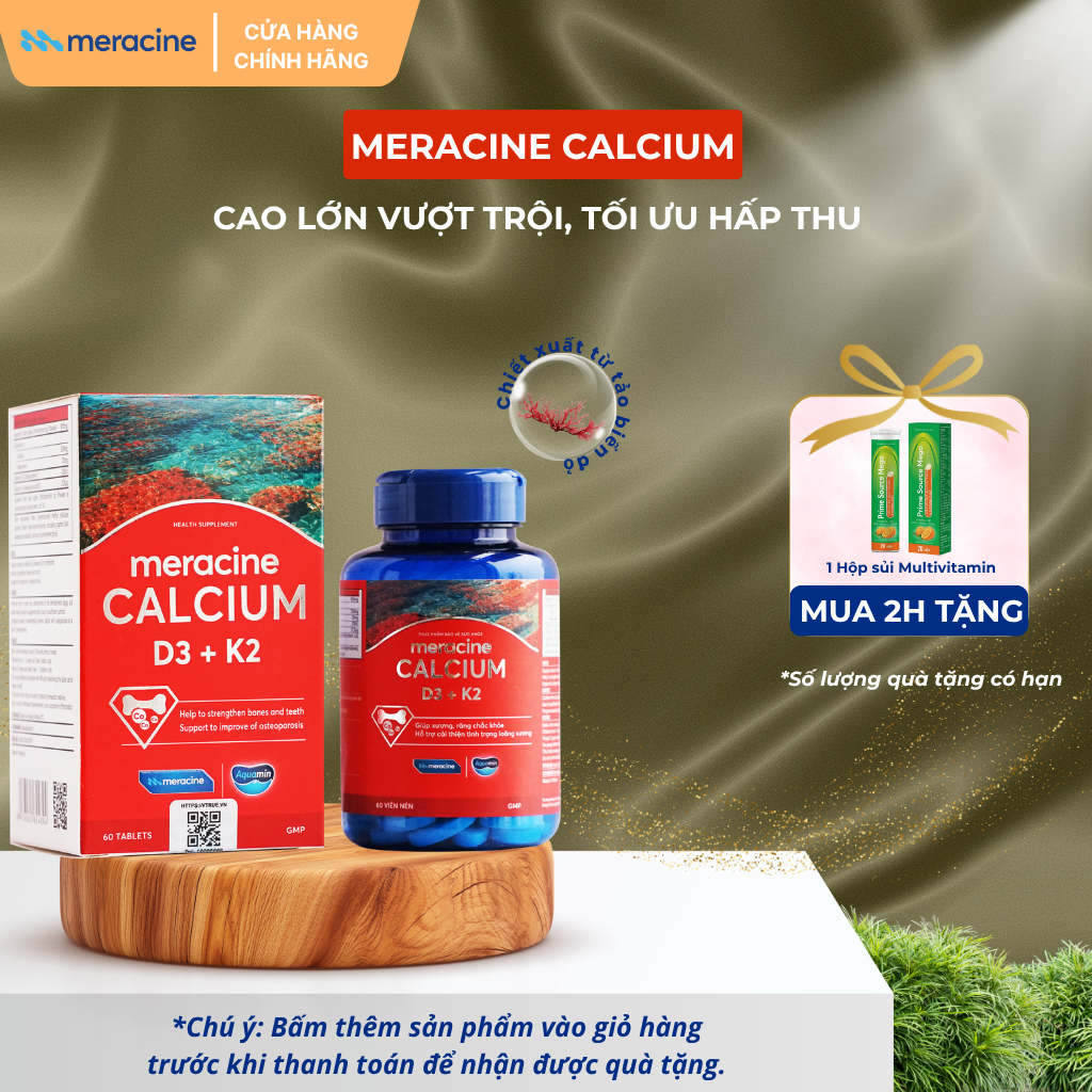 Canxi hữu cơ từ tảo biển đỏ Meracine Calcium D3K2 giúp xương, răng chắc khỏe, hỗ trợ phát triền chiều cao (Hộp 60 viên) | BigBuy360 - bigbuy360.vn