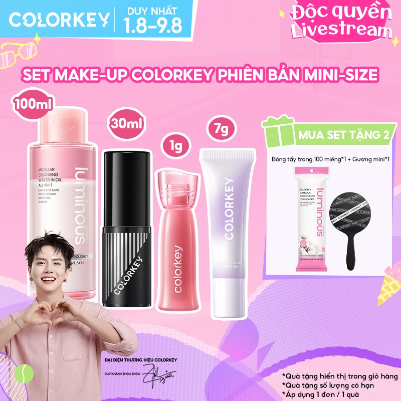 Set Makeup Mini COLORKEY Xịt khoá 30ml & Son Watery Tint 1g & Kem Lót 7g & Nước Tẩy Trang 100ml