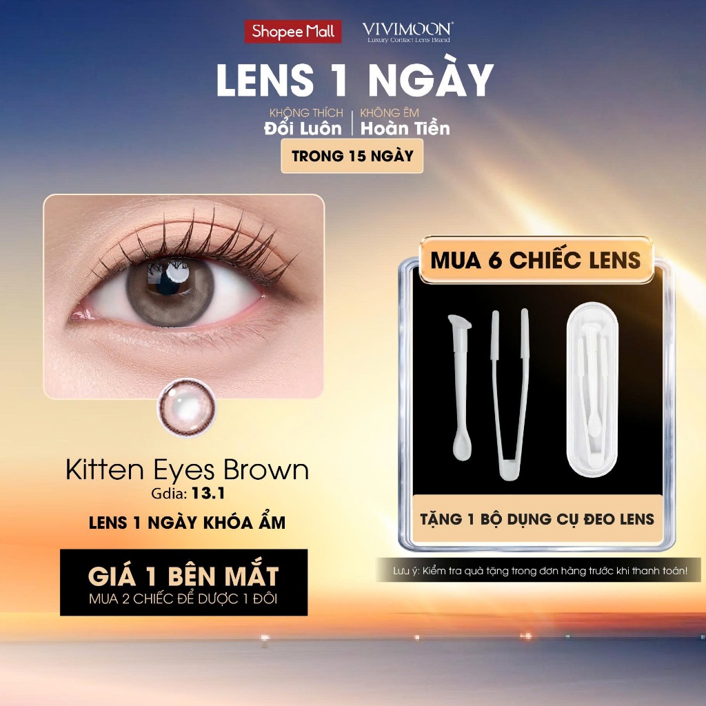 01 Chiếc Kính áp tròng VIVIMOON LENS 1 ngày màu nâu sáng Kitten Eyes Brown (Giá 1 bên mắt, x2 để đặt 1 đôi)