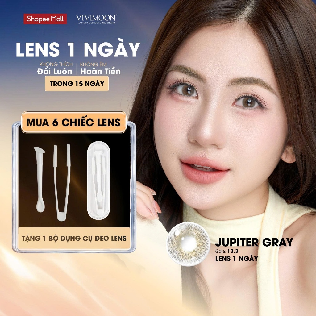 VIVIMOON lens cận 1 ngày Jupiter Gray, kính áp tròng khóa ẩm màu xám pha ánh vàng (Giá 1 chiếc, x2 để mua 1 đôi)