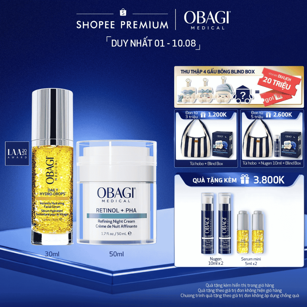 Bộ đôi Kem Dưỡng Đêm Obagi Retinol + PHA và Serum Dưỡng Ẩm & Làm Dịu Da Obagi Daily Hydro-Drops
