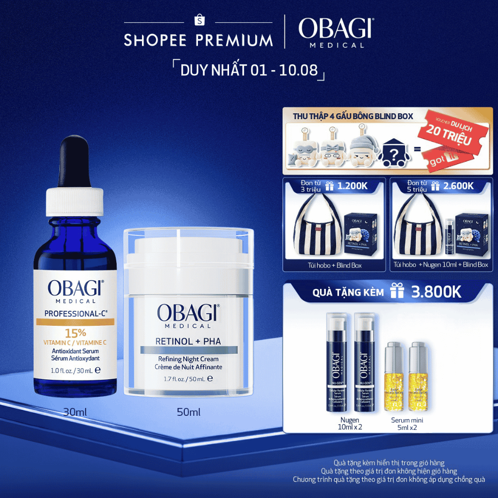 Bộ đôi Kem Dưỡng Đêm Obagi Retinol + PHA 50ml & Serum Vitamin C 15% Obagi Professional-C 30ml