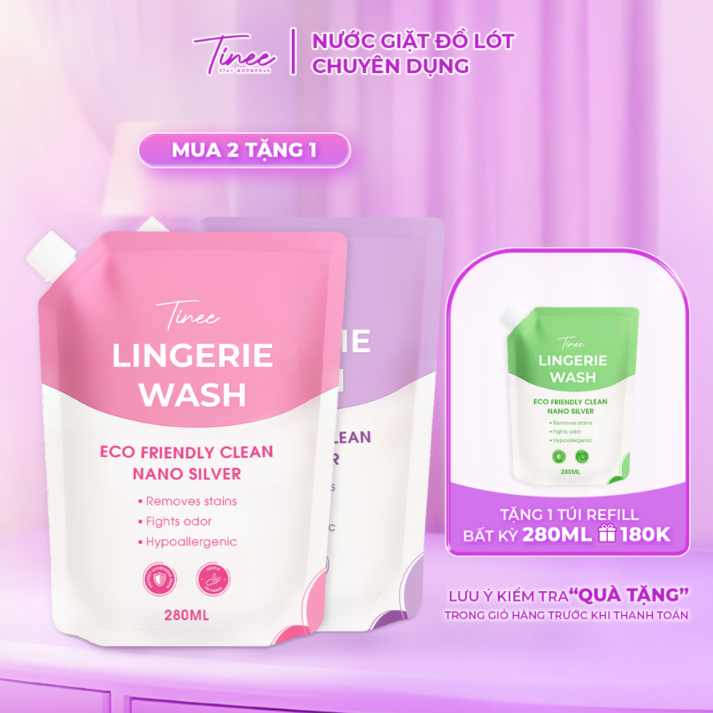 [Mua 2 Tặng 1] Túi refill - Nước Giặt Đồ Lót Chuyên Dụng Tinee 280ml Bản Nano Bạc Hạn Chế Nấm Khuẩn