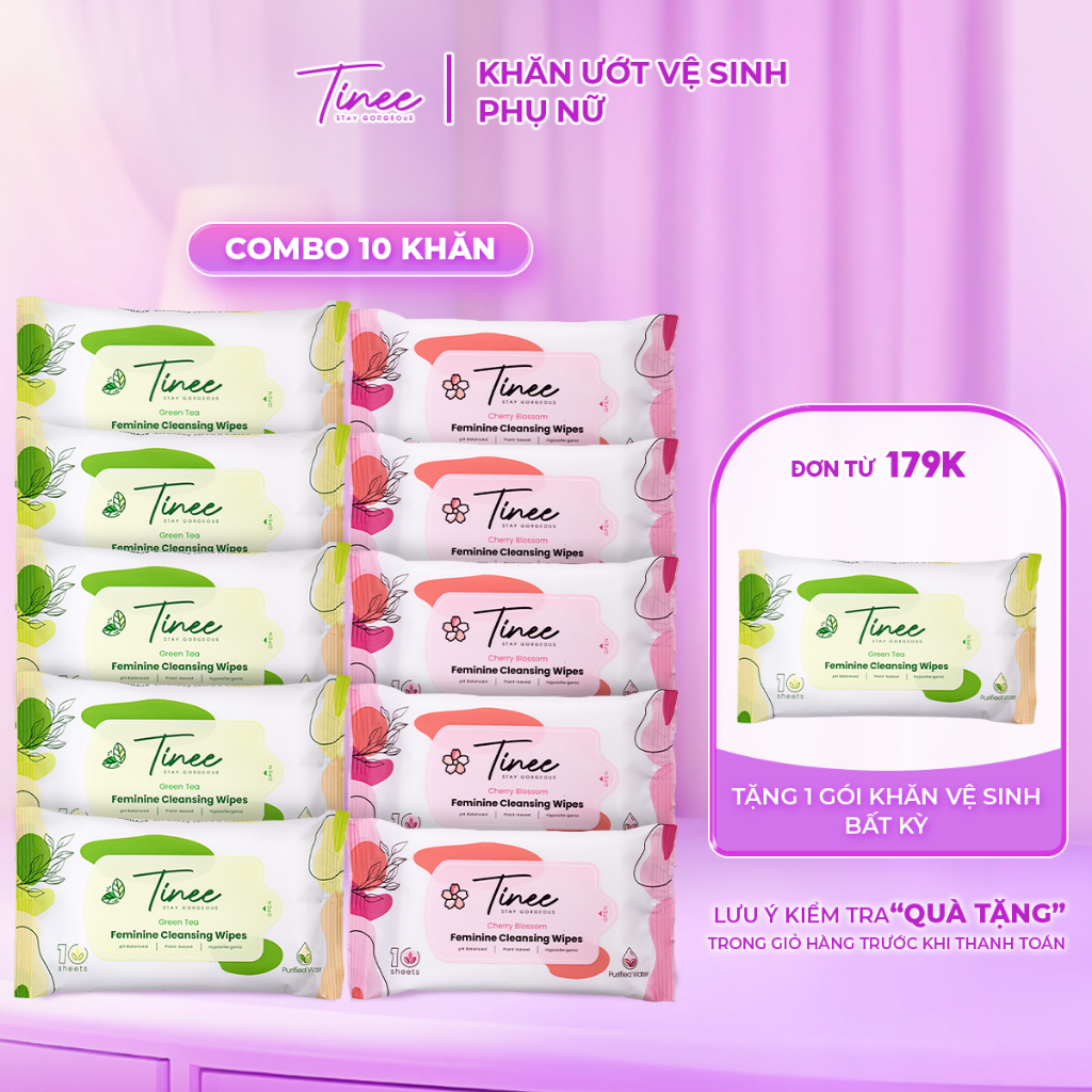 Combo 10 Gói khăn giấy ướt vệ sinh phụ nữ Tinee 10 tờ/gói Hương thơm dịu nhẹ, hạn chế nấm khuẩn