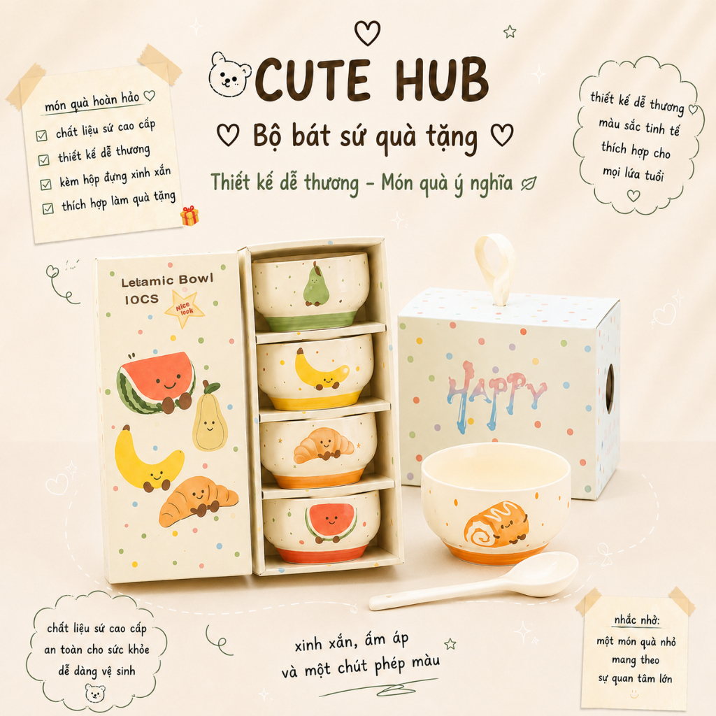 [Kèm hộp quà] Bát sứ cute quà tặng sinh nhật ngày kỉ niệm