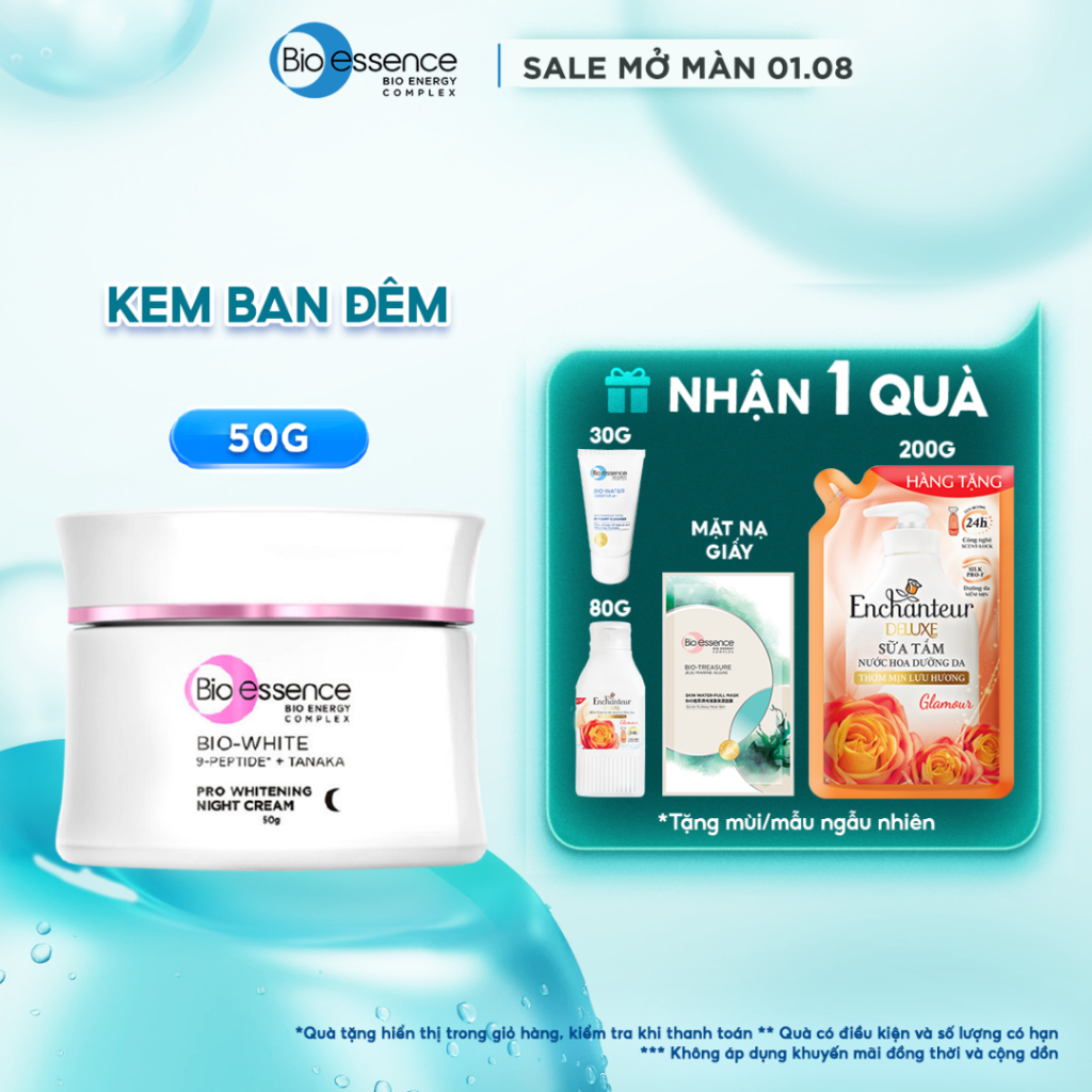 Kem dưỡng trắng da ban đêm cho da sáng mịn rạng rỡ từ 9-peptides, Alpha-Arbutin Bio essence Bio-White Pro Whitening 50g