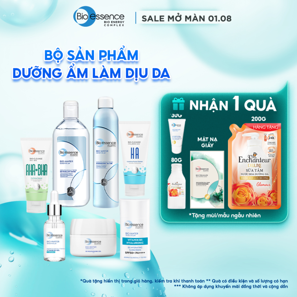 Bộ Bio-essence Water: Xịt Khoáng 300ml, Tinh Chất Serum 30ml, Kem Dưỡng, Tẩy Trang, Kem Chống Nắng –Dưỡng Ẩm Làm Dịu Da