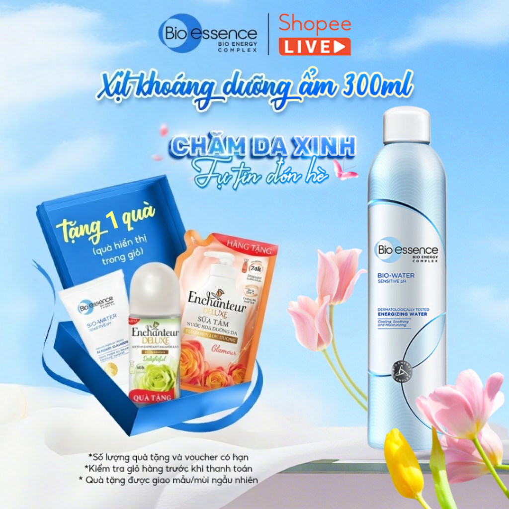 Nước Xịt khoáng cấp ẩm tức thì, làm dịu và bảo vệ da với khoáng vi lượng Bio essence Bio-Water 300ml - Live streaming