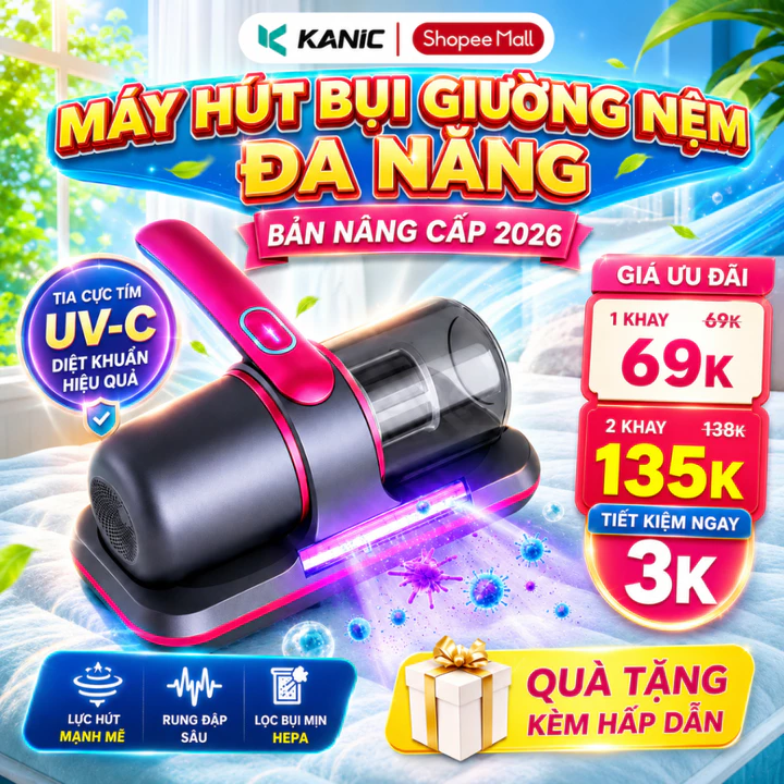 Máy hút bụi giường nệm KANIC không dây diệt khuẩn uv công suất hút 8000pa công suất 100w lực hút mạnh có bảo hành