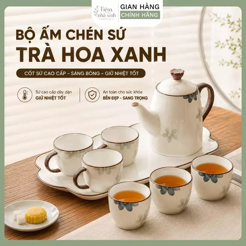 Bộ Ấm chén sứ Trà Hoa Xanh Cốt Sứ Cao cấp, Bộ ấm chén uống trà kèm khay, đĩa - Tiệm Nhà Xinh — ảnh 1