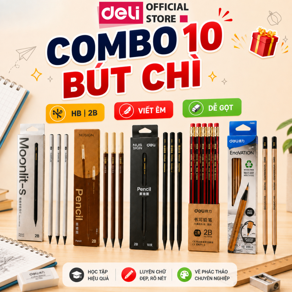 [BÉ VÀO LỚP 1] Hộp 10/12 Bút Chì Lục Giác 2B HB Deli - Dễ Gọt Bút Chì Thi Trắc Nghiệm Ruột Đậm