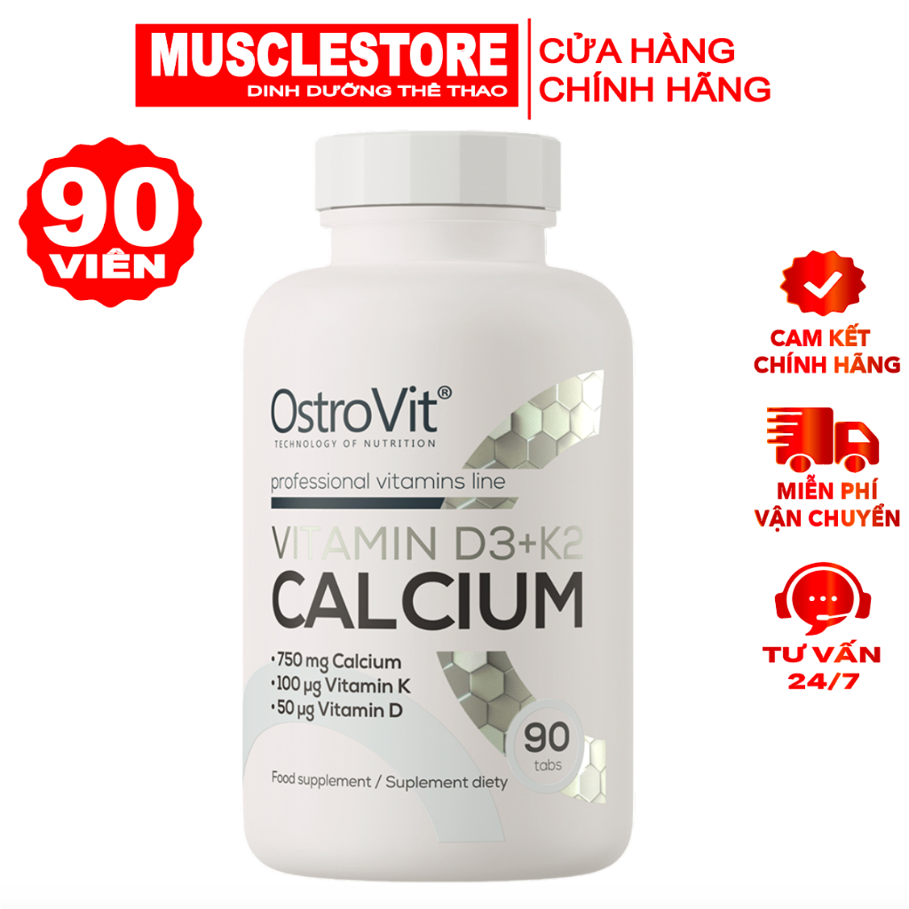 Viên Uống Canxi OstroVit Calcium Vitamin D3 K2 (90 Viên), Hỗ Trợ Xương Khớp, Giảm Loãng Xương