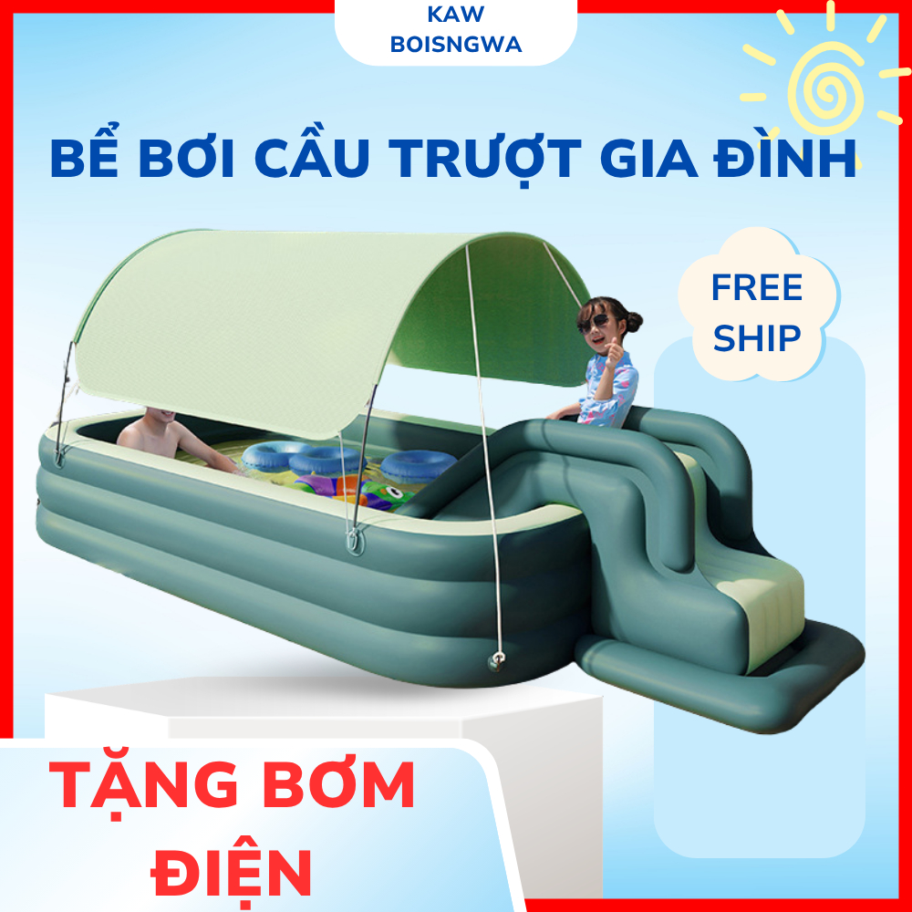 Bể bơi phao cho bé có cầu trượt và mái che nắng, Bể bơi bơm hơi đáy chống trượt an toàn cho bé