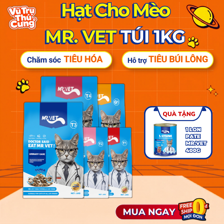 (Mua 1 Tặng 1) Thức Ăn Hạt Cho Mèo Mr.Vet 1kg Hạt Giàu Đạm, Hỗ Trợ Tiết Niệu Và Giúp Tiêu Búi Lông