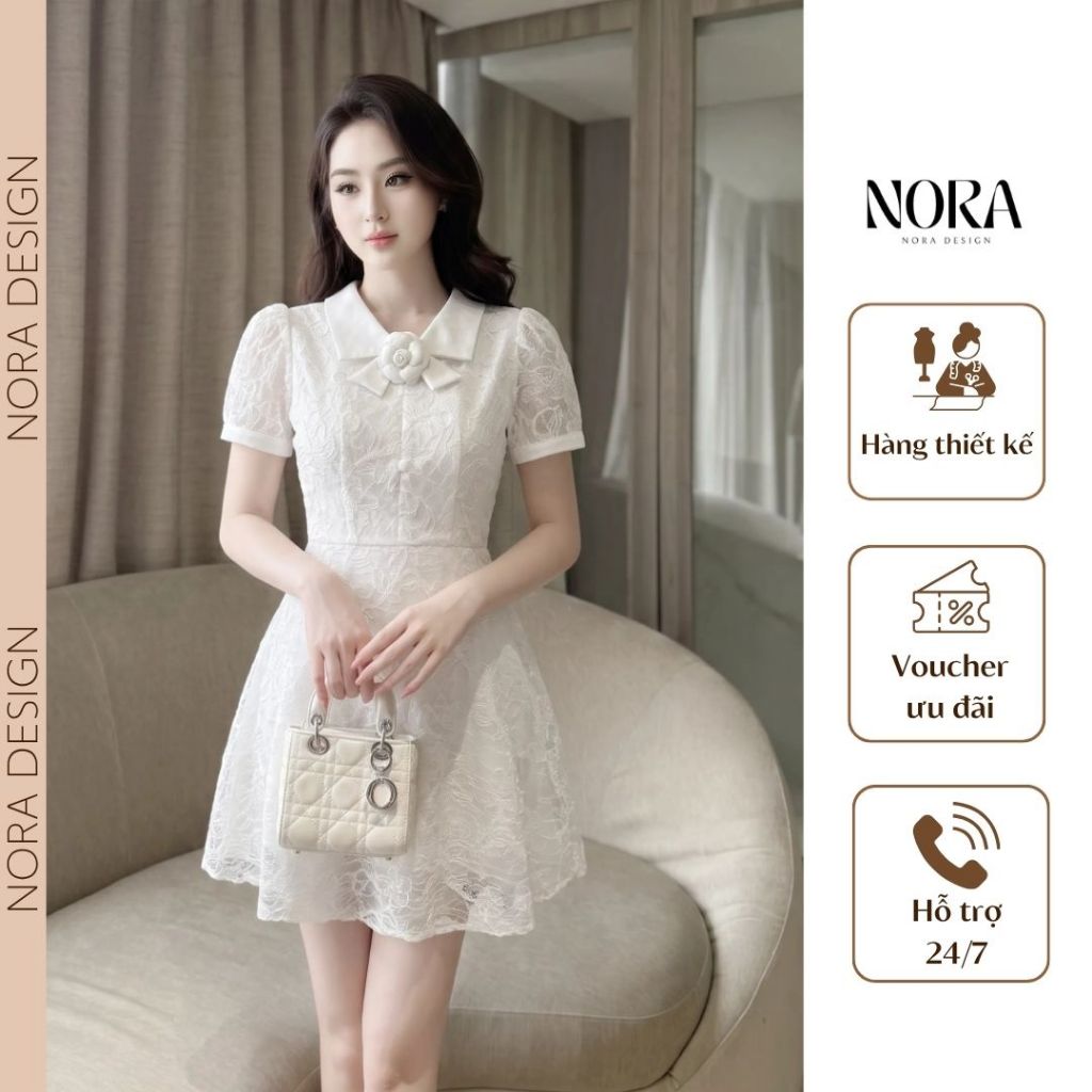 Váy Ren Hoa Thanh Lịch Đi Làm, Dự Tiệc NORA, Đầm Xòe Cổ Sơ Mi Phối Tag Hoa Vintage Nhẹ Nhàng Tiểu Thư T606