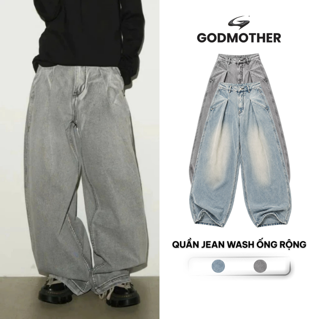 Quần Jeans Wash Ống Rộng GODMOTHER Quần Denim Unisex Phong Cách Hàn Quốc QDS26007