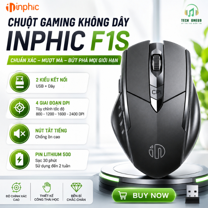 Chuột không dây Inphic F1S gaming sạc pin -Kết nối Wireless 2.4G, chống ồn Silent click DPI lên 2400