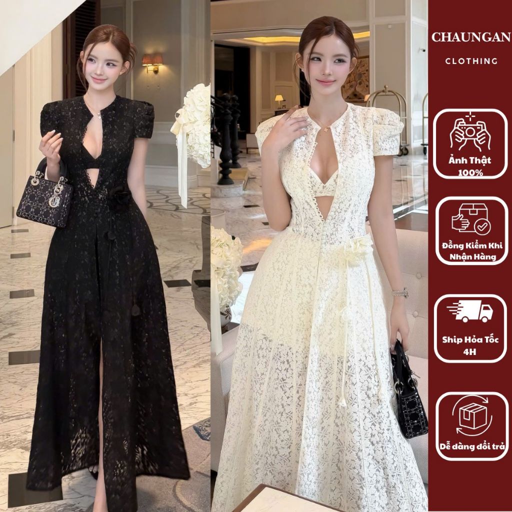 Set Đầm Maxi Ren 3 Món Cao Cấp Gồm Áo Khoác Dài Tay Phồng kèm bra
