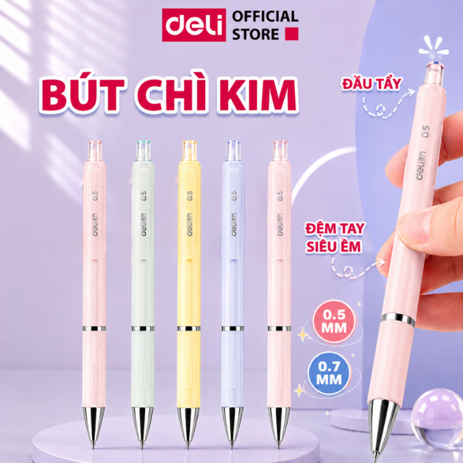 [MUA 3 GIẢM 30%] Bút Chì Kim Pastel Deli Ngòi 0.5-0.7mm Đệm Tay Siêu Êm Cao Cấp Kèm Đầu Tẩy Cho Học Sinh, Văn Phòng