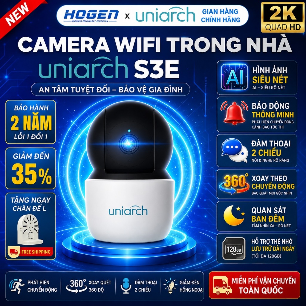 Camera Wifi Trong Nhà UNV Uniarch S3E 3MP - Xoay quét 360 độ, đàm thoại 2 chiều, hồng ngoại ban đêm