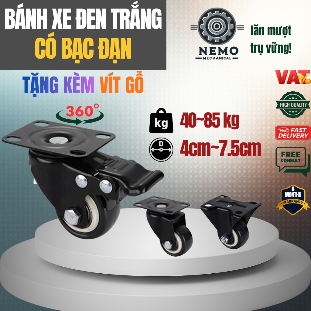 Bánh xe đẩy hàng nhựa PVC đen trắng, có bạc đạn, đường kính 4-7.5cm, tải trọng 40-85kg/1 bánh