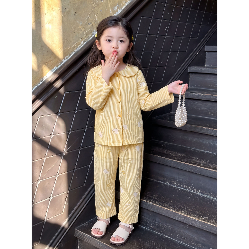 Set Bộ Đũi Hàn Pijama Có Cổ Dành Cho Bé Gái Cao Cấp Thoáng Mát,Sz10-20Kg